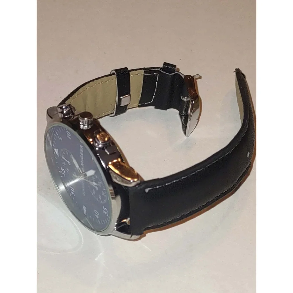 Migeer G2013 Mens Quartz Watch NEW Blue Dial Black Leather Band Silver Case